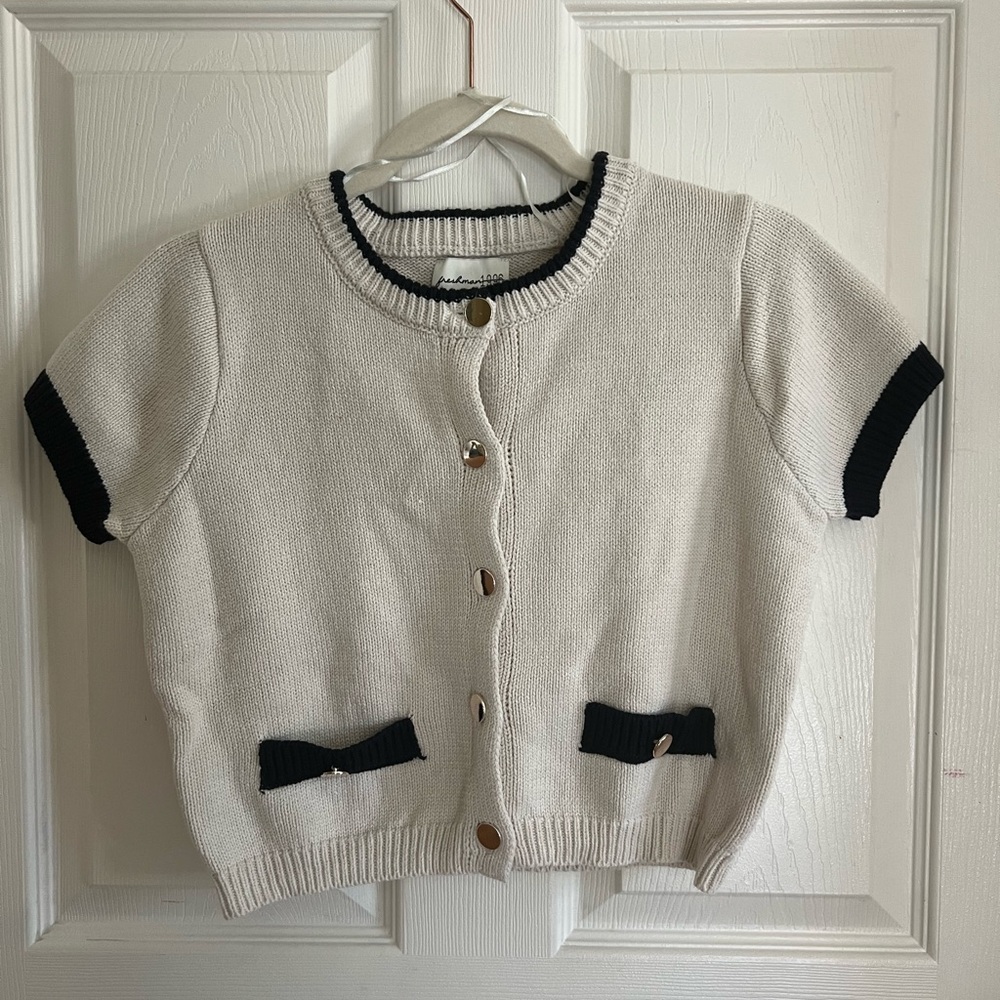 Cream and Navy Short Sleeve Cardigan